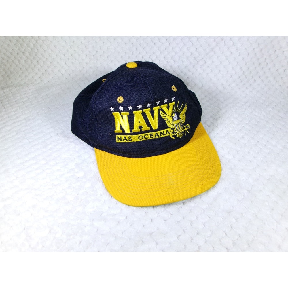 Designer Award Headwear Mens OS Snapback Hat Navy Blue Yellow NAS Oceana Vintage